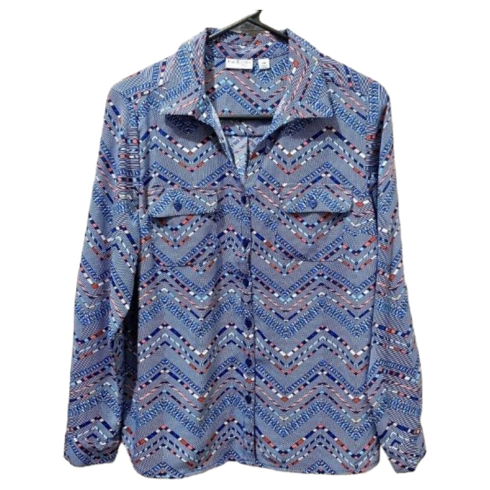 Kim Rogers Button Up Top Women PM Blue Geometric Chevron Excellent Long Sleeve